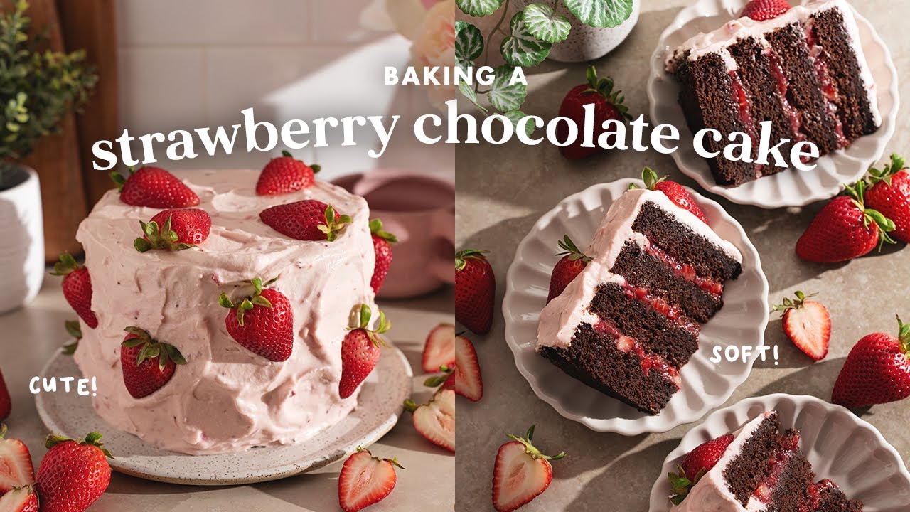 Strawberry Chocolate Cake 🍓 bake a cute summer cake with me img